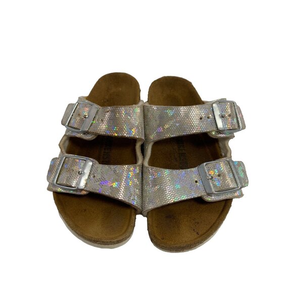 Birkenstock Kids Silver Holographic Arizona Double-Buckle Sandals Size 26 US 8 - Picture 1 of 9